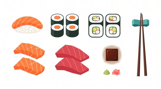 Premium Flat Vector Japanese Sushi and Maki Roll Set