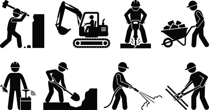 Construction demolition and excavation worker stick figure pictogram icon set showing excavator jackhammer sledgehammer and heavy labor
