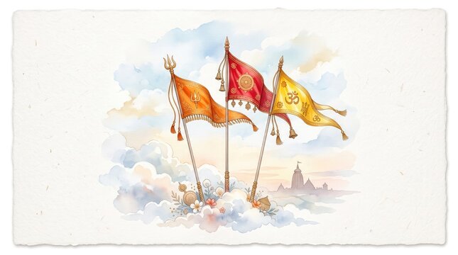Hindu religious flags in watercolor style, sacred saffron and red dhwaja banners with Om symbol, spiritual Indian temple flags above clouds