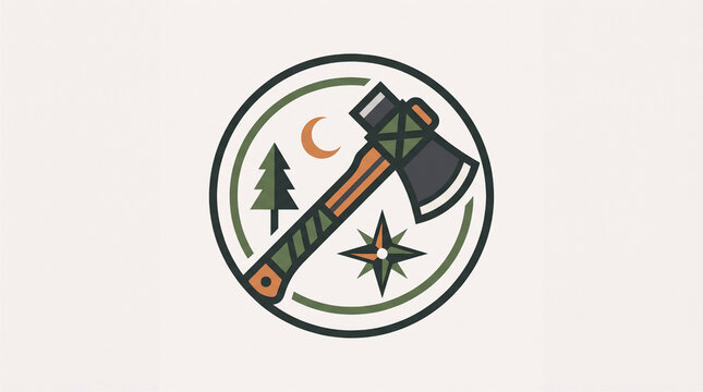 Minimalist camping badge with tomahawk, pine tree, compass and moon. Outdoor adventure emblem isolated on light background
