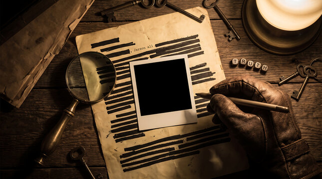 Mysterious investigation desk with redacted paper and empty photograph frame featuring gloved hand using pen next to antique keys and truth message blocks on rustic wooden tabletop.