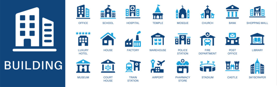 Building and architecture solid icon set. Symbols for office, hospital, school, bank, factory, train station, airport and more. Editable vector design for city map and urban planning.