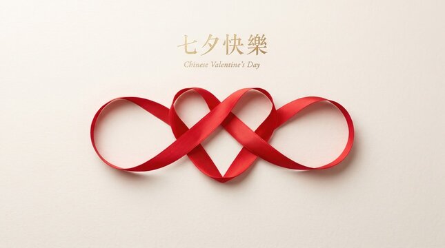 Chinese Valentine's Day greeting card, red ribbon heart and infinity symbol on beige background, Qixi Festival celebration concept