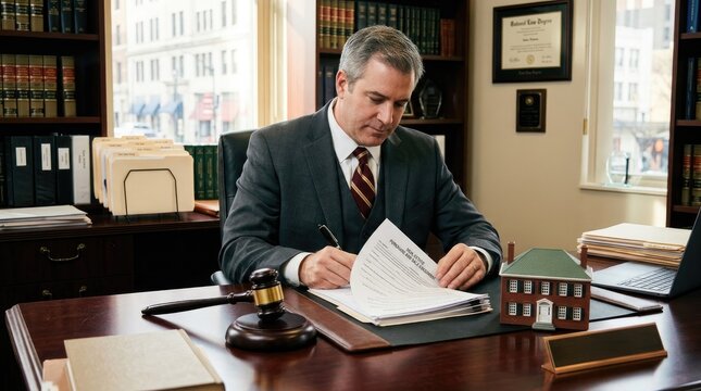 A serious lawyer sits at a dark wooden desk, reviewing legal documents. He is carefully examining a piece of paper with a small model of a house on top.