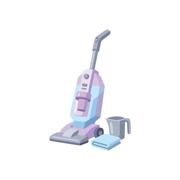 Cute flat vector illustration of a household vacuum cleaner with a cleaning bucket and a folded towel for domestic chores and cleaning.