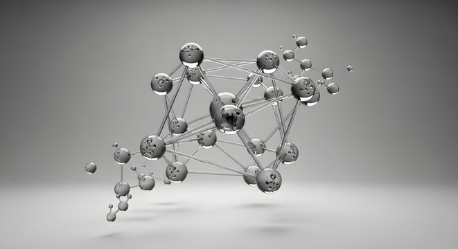 Intricate 3D Molecular Structure Rendered With Transparent Glass Spheres and Connecting Geometric Lines Representing Scientific Connectivity