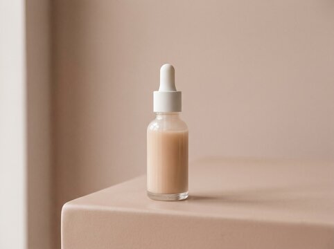 Skincare serum bottle on beige background. Cosmetic dropper vial for beauty treatment.