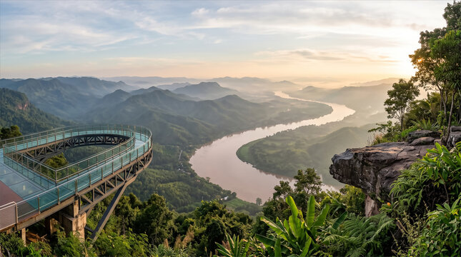 Glass skywalk viewpoint over misty mountains and river bend at sunrise