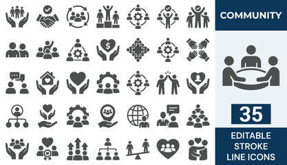 Fototapeta premium Community Solid Icon Set. 35 Filled Glyph Icons of Teamwork, Social Network, Partnership, Collaboration, Leadership, Human Resources, Group Meeting, and Business Relationship Symbols. Vector.