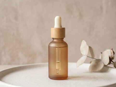 Glass serum bottle with dropper. Organic skincare product for beauty and wellness.