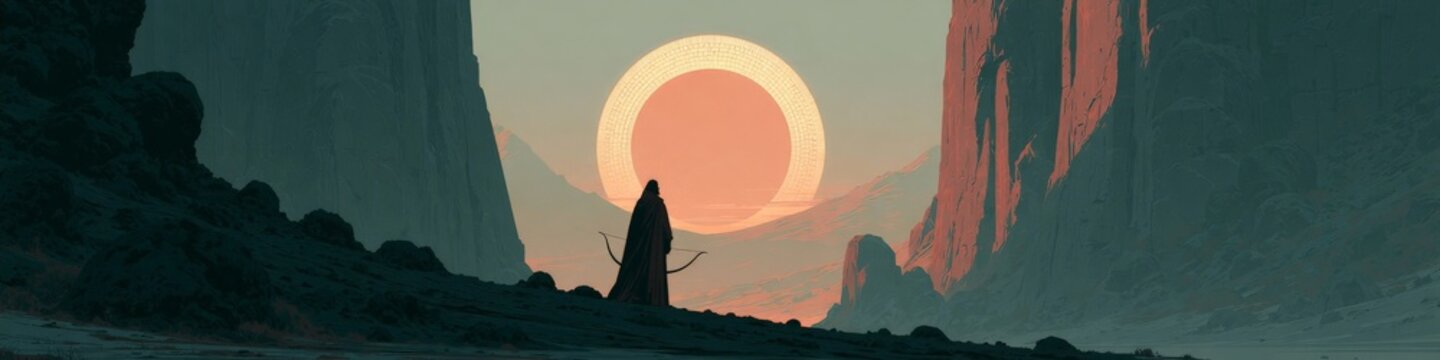 A solitary figure stands between towering stone cliffs as a glowing circular sun-calendar rises in the distance, blending human resolve with celestial order in a minimalist heroic landscape.