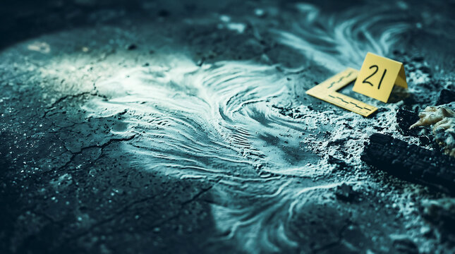 Crime scene tape marking evidence number 21 on water surface for dramatic detective cinematic designs. Ai Generated