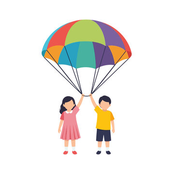 Group of people lifting a large colorful multi-colored play parachute during a team building activity or physical education game in an outdoor park setting under bright natural light.