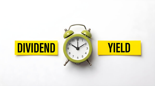 Green alarm clock with the text dividend yield on yellow signs representing investment timing
