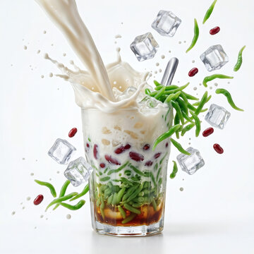 Indonesian Es Cendol Dessert Drink Splashing with Coconut Milk, Isolated on White