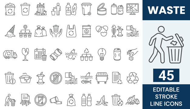 Waste Line Icon Set. 45 Editable Stroke Icons of Garbage Disposal, Recycling, Trash Bin, Pollution Control, Organic Waste, Ecology, Environment, and E-Waste Management, Vector Symbols.