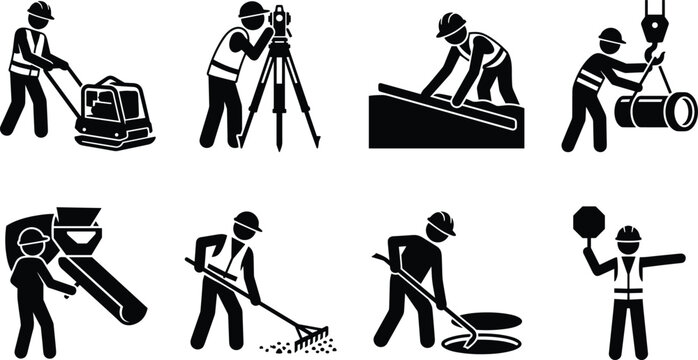 Road construction and civil engineering worker stick figure pictogram icon set featuring surveyor plate compactor concrete screed traffic flagger