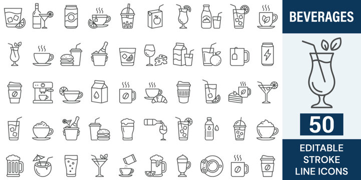 Beverages Line Icon Set. 50 Editable Stroke Icons of Drinks, Cafe Coffee, Bar Cocktail, Wine Bottle, Soda Can, Juice Box, Tea Mug, Milkshake, Beer, and Liquid Refreshments, Vector Symbols.