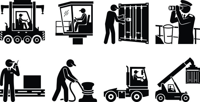 Shipping port container logistics and maritime operator stick figure pictogram icon set featuring reach stacker straddle carrier captain stevedore