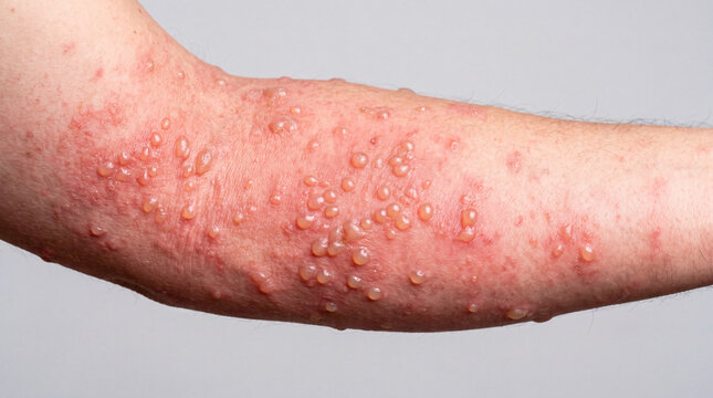 Skin rash blister arm inflammation dermatitis allergy Closeup blister rash human arm with red inflammation and dermatitis