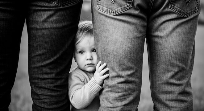 A Shy Toddler Peeking from Behind Parent's Legs, Seeking Comfort and Security in a Tender Family Moment