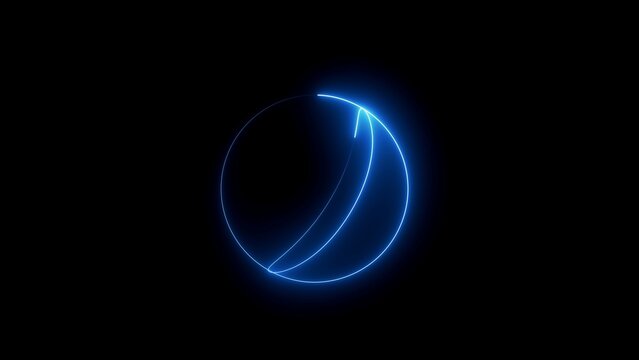 Glowing blue neon circle with intersecting lines and arrow on black background