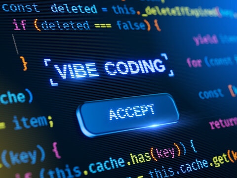 Vibe coding artificial intelligence Software Development programming concept. Vibe coding accept button. 3d illustration