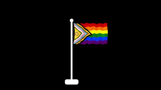 LGBTQ Intersex Inclusive Progress Pride Flag Waving on Flagpole with Alpha Channel Background