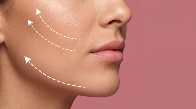 Face cheek jawline skin lifting beauty Facial skin lifting concept with cheek and jawline close up, cosmetic treatment arrows