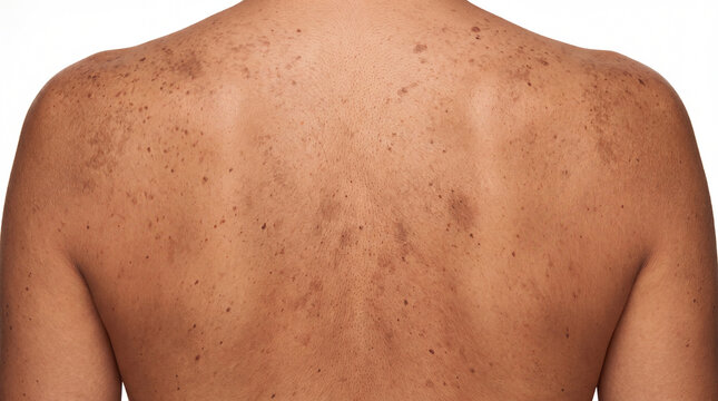 Back skin freckle mole rash dermatology closeup, bare back with freckle and mole skin, dermatology concept, isolated white