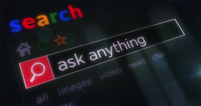 Ask anything service artificial intelligence text typing on browser screen. Searching internet with monitor pixel display macro view.