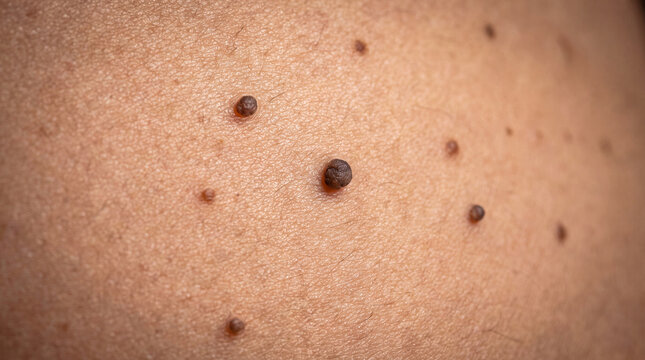 Skin mole dermatology closeup nevus freckle macro view of human skin with multiple dark mole and freckle, dermatology texture