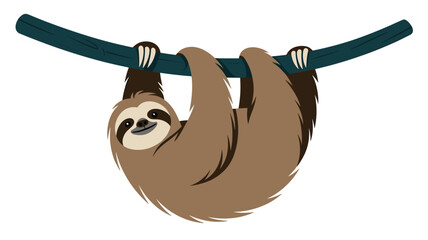 Obraz premium Cute cartoon sloth hanging lazily from a tree branch with a friendly facial expression isolated on a clean white background.
