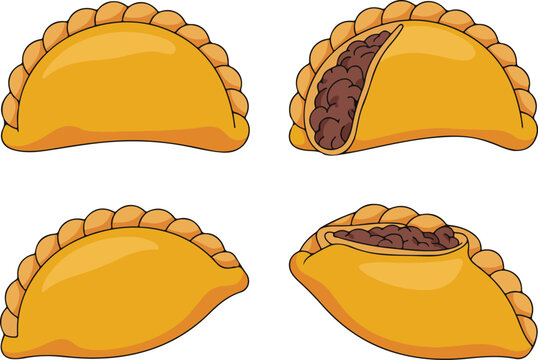 Cartoon empanada pastry set, delicious baked snack graphics for food branding restaurant menus and cooking themed artwork today together