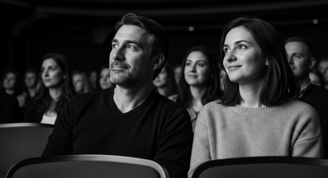Engaged audience members watching a captivating performance in a dimly lit venue