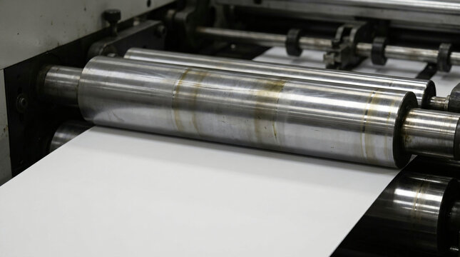 Modern industrial paper rolling machine in high-speed printing production line.