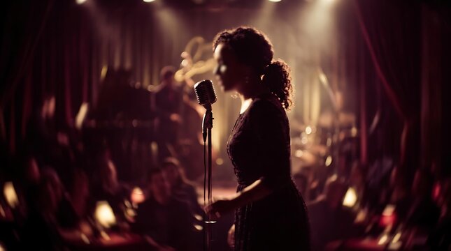 Soulful female vocalist captivates audience with powerful performance on a classic stage bathed in spotlight glow