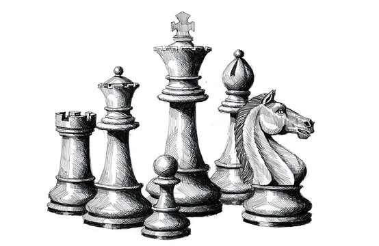 Classic chess pieces set with king, queen, rook, knight, and pawns