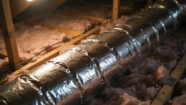 Flexible insulated ventilation ductwork installed inside a residential attic