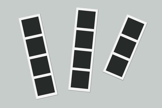Blank photo booth strips template with empty black squares. Retro photographic film prints vector set on isolated background. Mockup of three photobooth snapshot frames to display memories or pictures