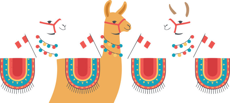 Decorated Peruvian llamas, festive traditional animals with colorful textiles for tourism branding cultural celebrations and creative design projects today