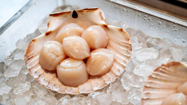 Fresh raw scallops arranged in a shell over a bed of crushed ice