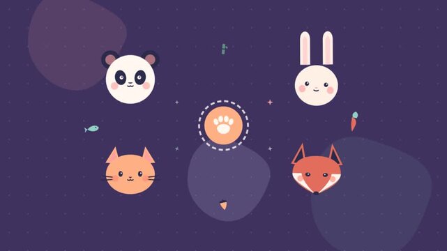 Cute Animated Animal Faces on a Purple Background with Floating Shapes.