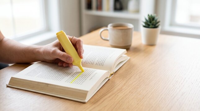 A person highlighting text in a book while sitting at a wooden table.