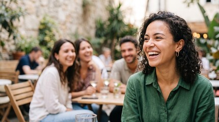 Fototapeta premium Group of diverse young friends laughing together while sitting at an outdoor restaurant terrace.