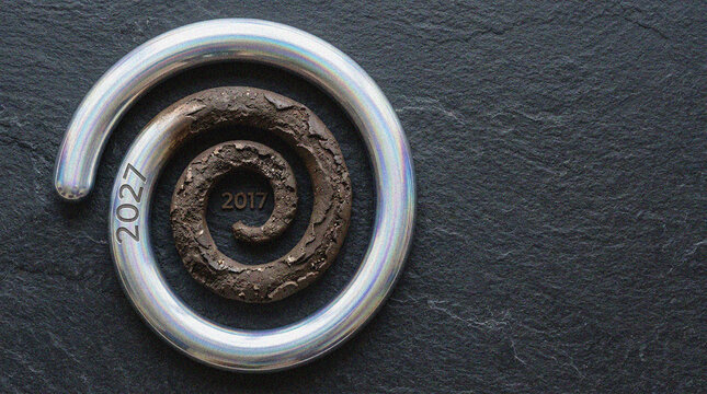 Metallic Spiral Progression Concept Featuring Year Markers on Textured Dark Background