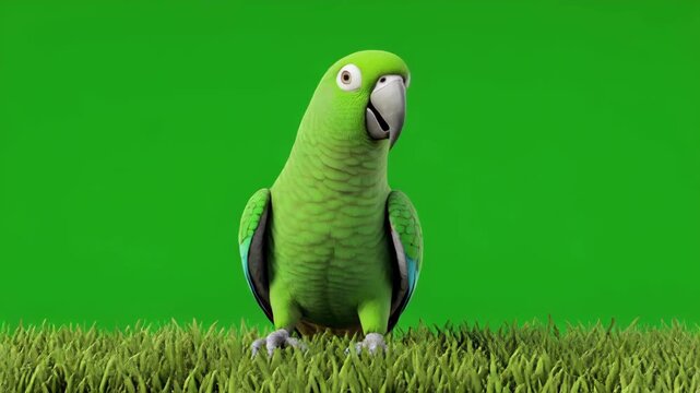 Green parrot standing on grass against a chroma key background with subtle motion