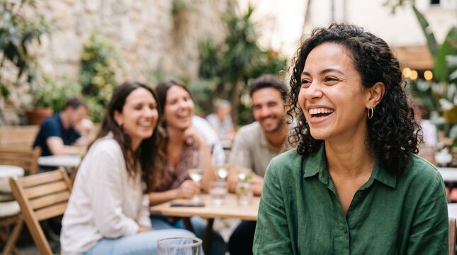 Group of diverse young friends laughing together while sitting at an outdoor restaurant terrace.