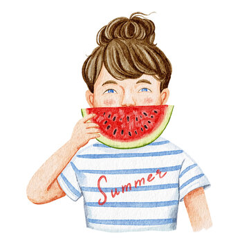 Cheerful girl in a striped &ldquo;Summer&rdquo; tee enjoys a juicy watermelon slice. Watercolor illustration.