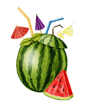 Whole watermelon cocktail with colorful straws, tiny umbrellas, and a juicy slice beside it. Watercolor illustration.